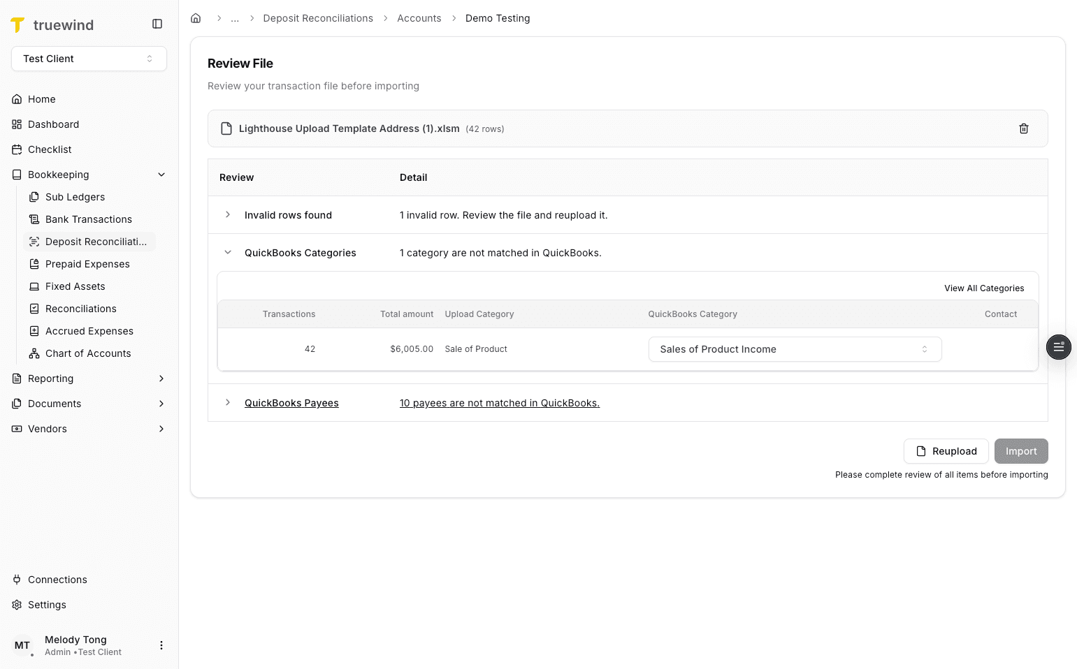 Screenshot showing payee exceptions in Deposit Reconciliation
