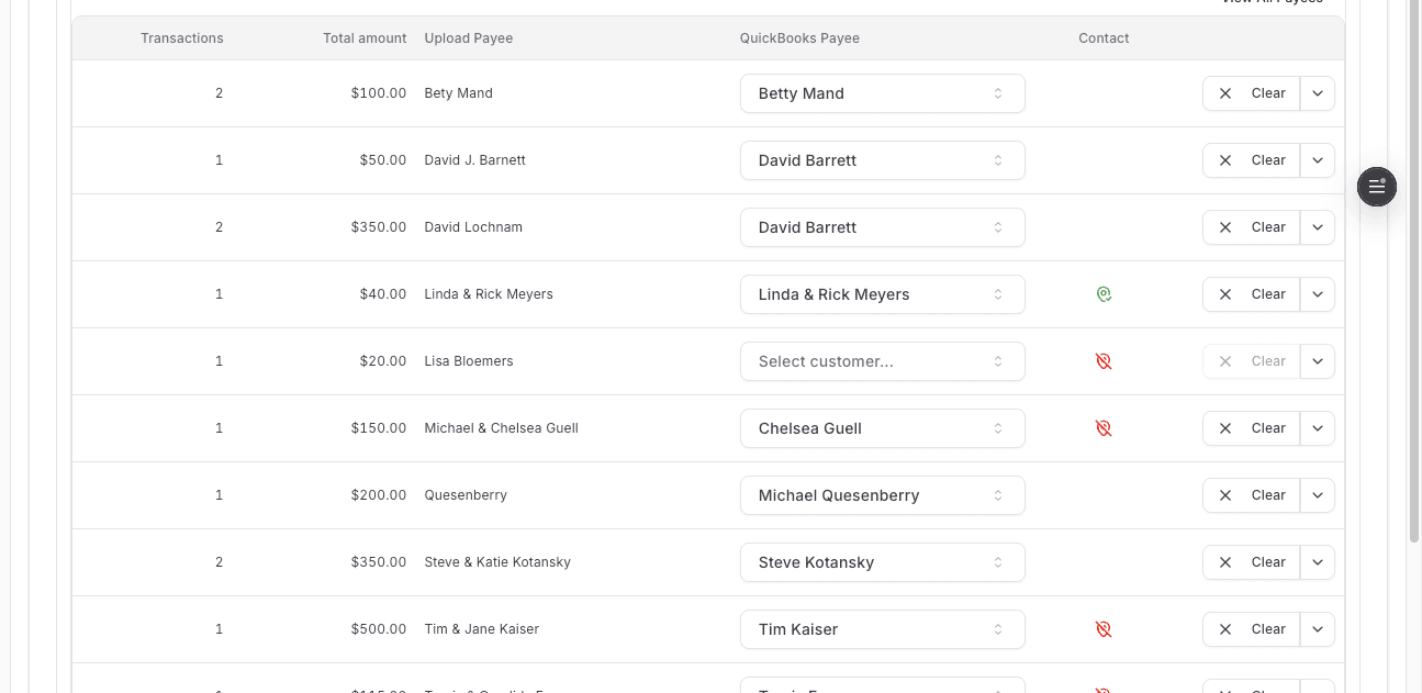 Screenshot showing unmatched payee guidance in Deposit Reconciliation