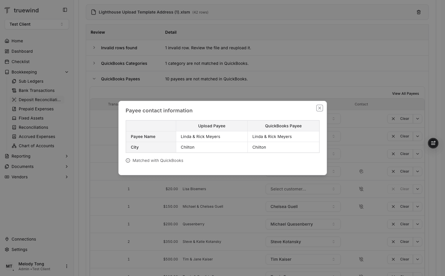Screenshot showing the matched payee indicator