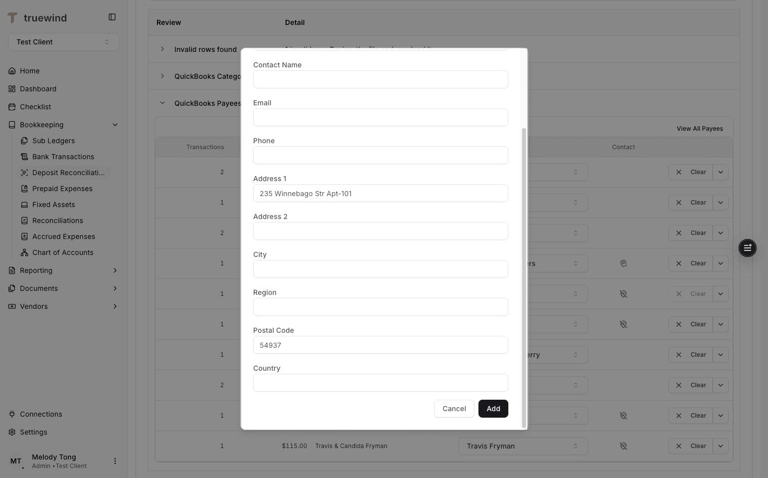 Screenshot showing payee details carried to the ERP