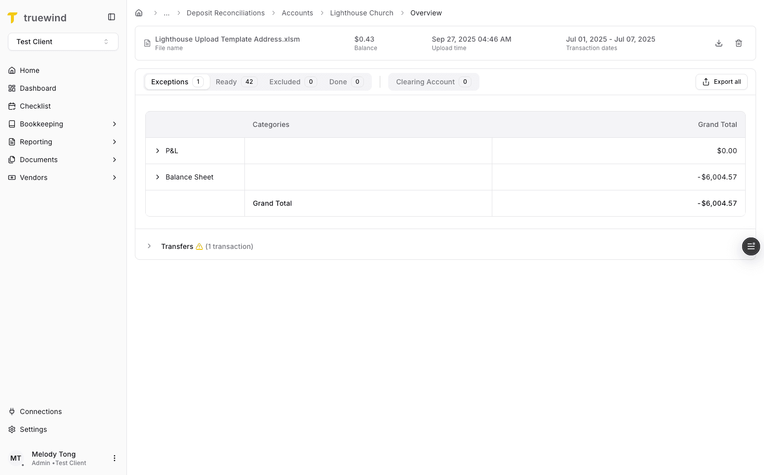 Screenshot showing transfer exceptions in Deposit Reconciliation