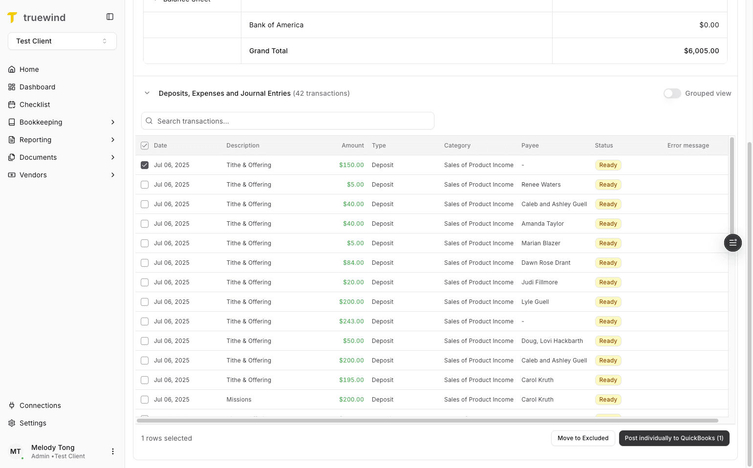 Screenshot showing Post individually to QuickBooks