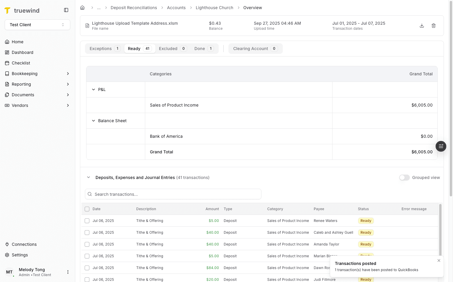 Screenshot showing posted transactions in Deposit Reconciliation