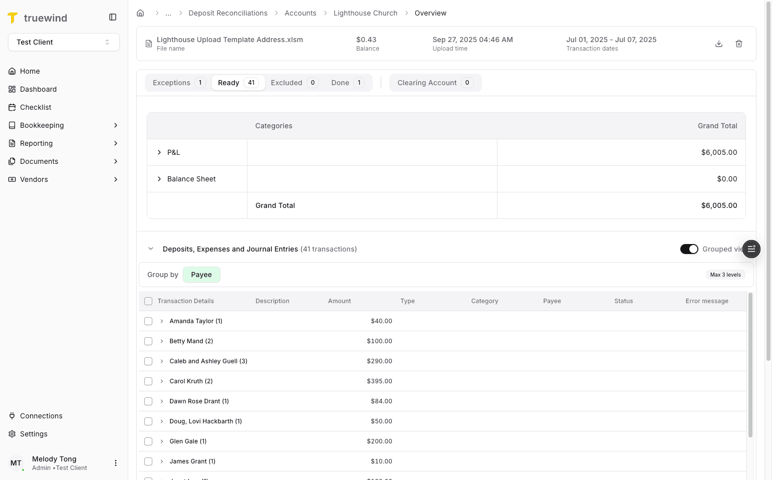Screenshot showing Transaction Details in Deposit Reconciliation
