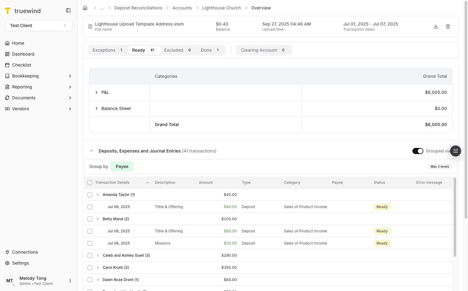 Screenshot showing selected rows for grouped posting
