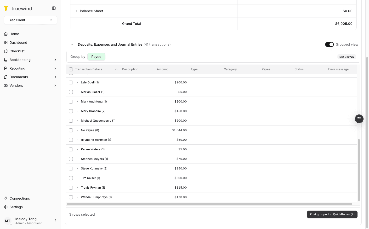 Screenshot showing Post grouped to QuickBooks
