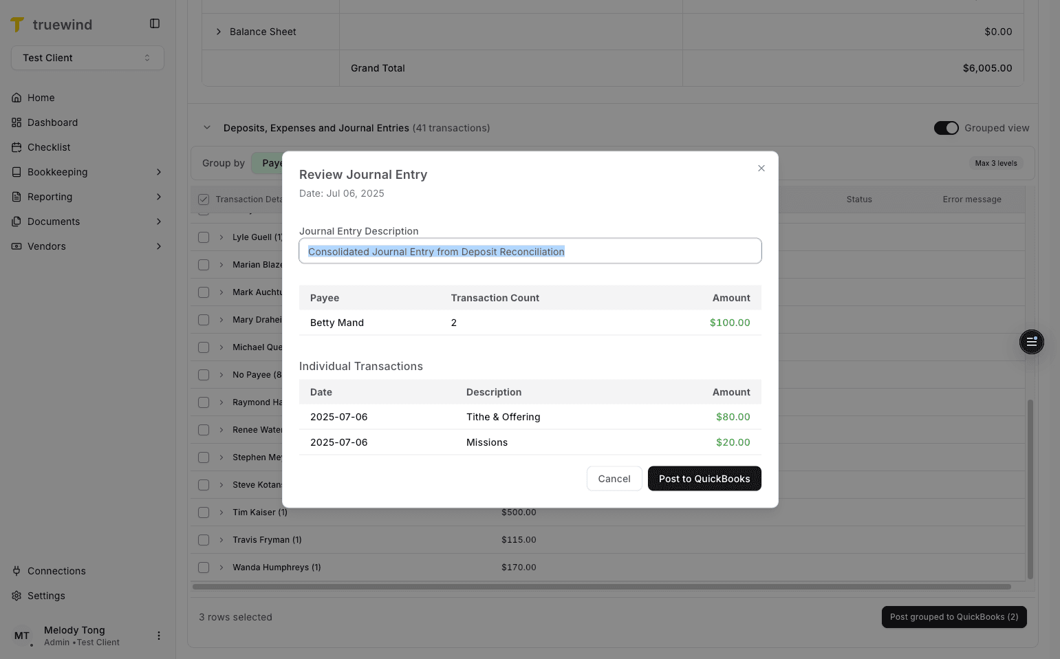 Screenshot showing Review Journal Entry in Deposit Reconciliation