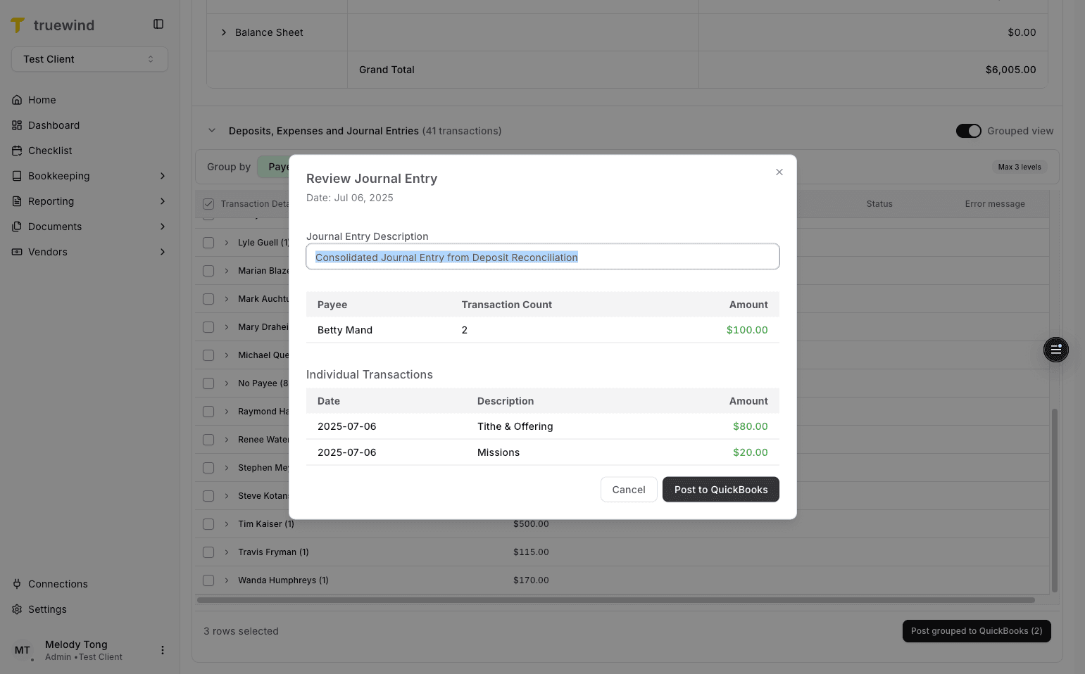 Screenshot showing Post to QuickBooks