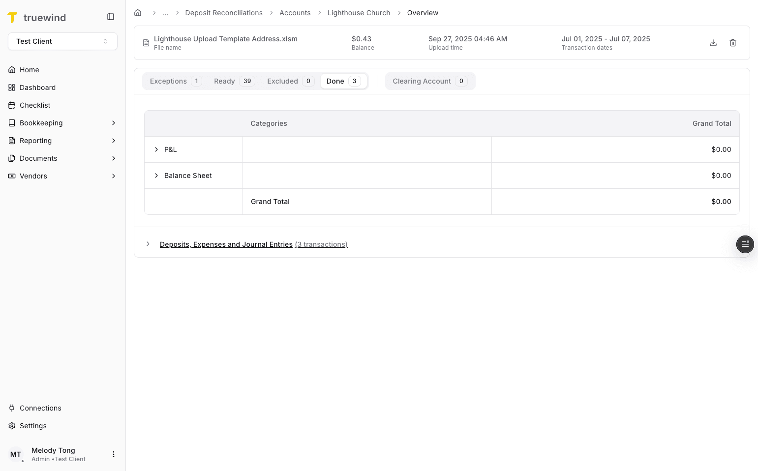 Screenshot showing the Done tab in Deposit Reconciliation