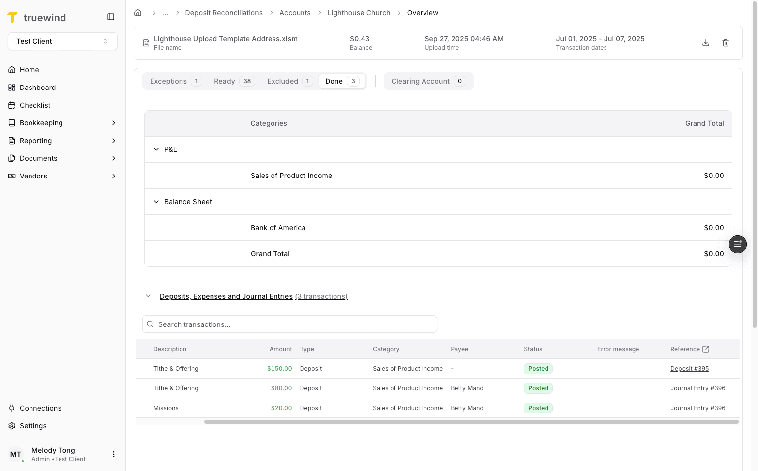 Screenshot showing posted Deposits, Expenses, and Journal Entries