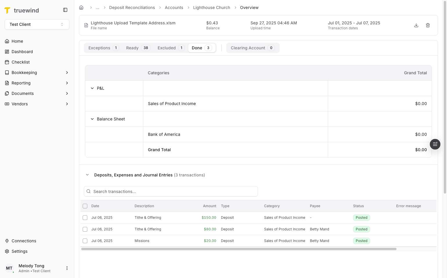 Screenshot showing the Posted view in Deposit Reconciliation