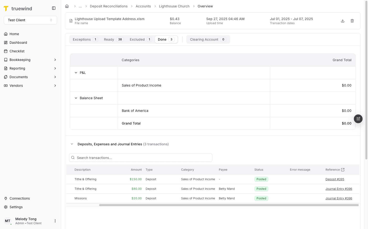 Screenshot showing the ERP reference link in Deposit Reconciliation