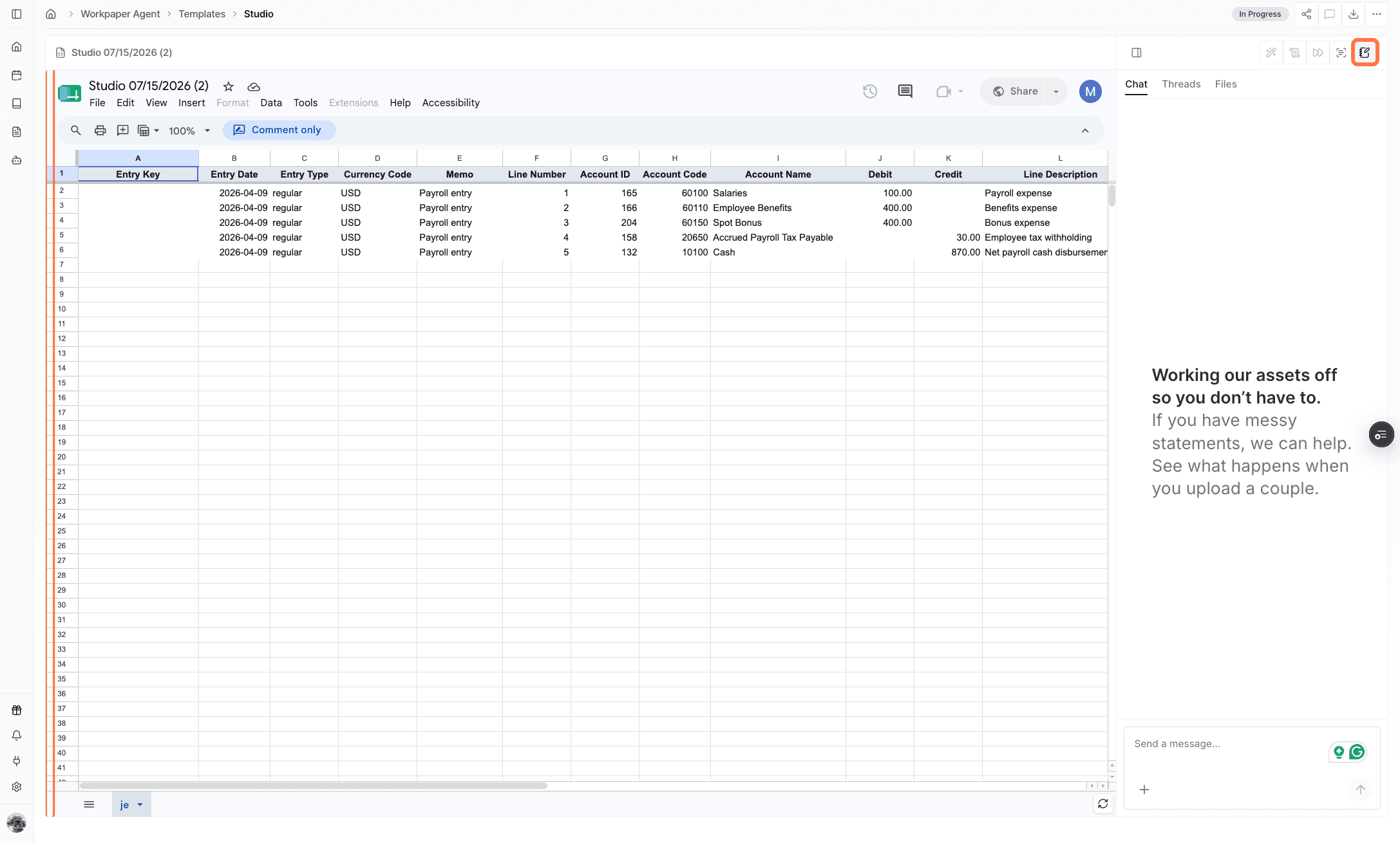 Screenshot showing the Draft journal entries action in Workpaper Agent