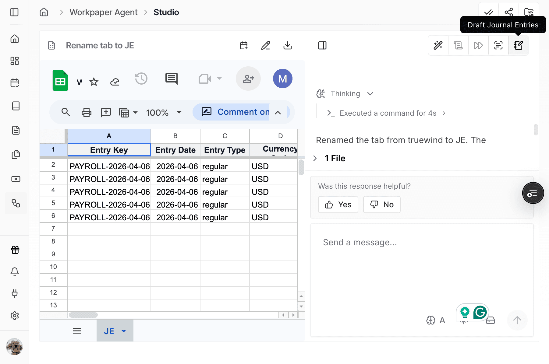 Screenshot showing Go to Workpaper Agent, then click Draft journal entries