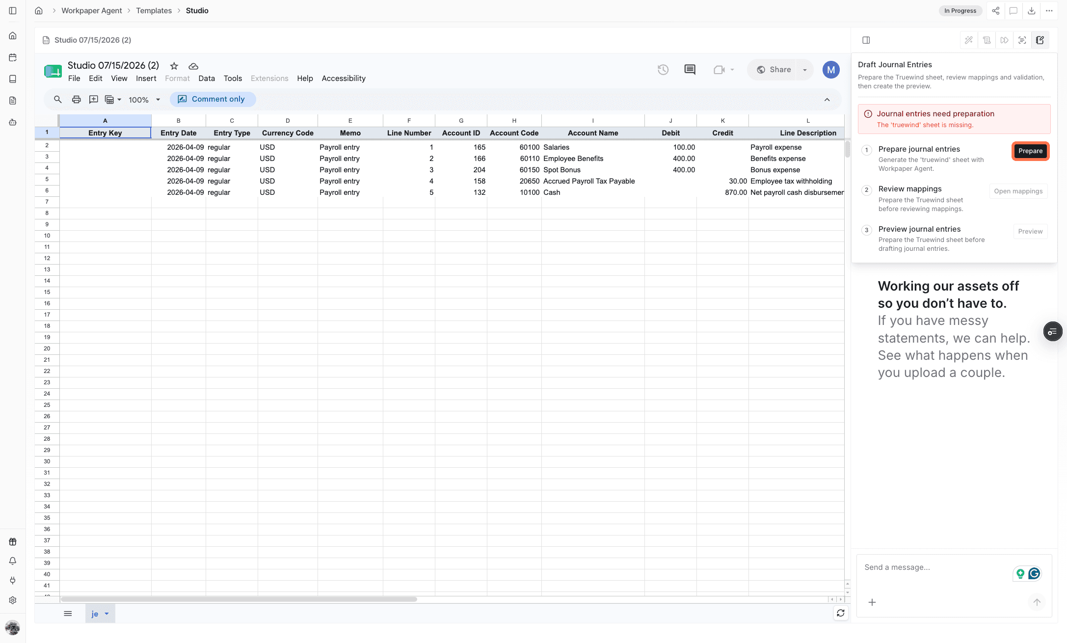 Screenshot showing the Prepare action for creating a Truewind tab