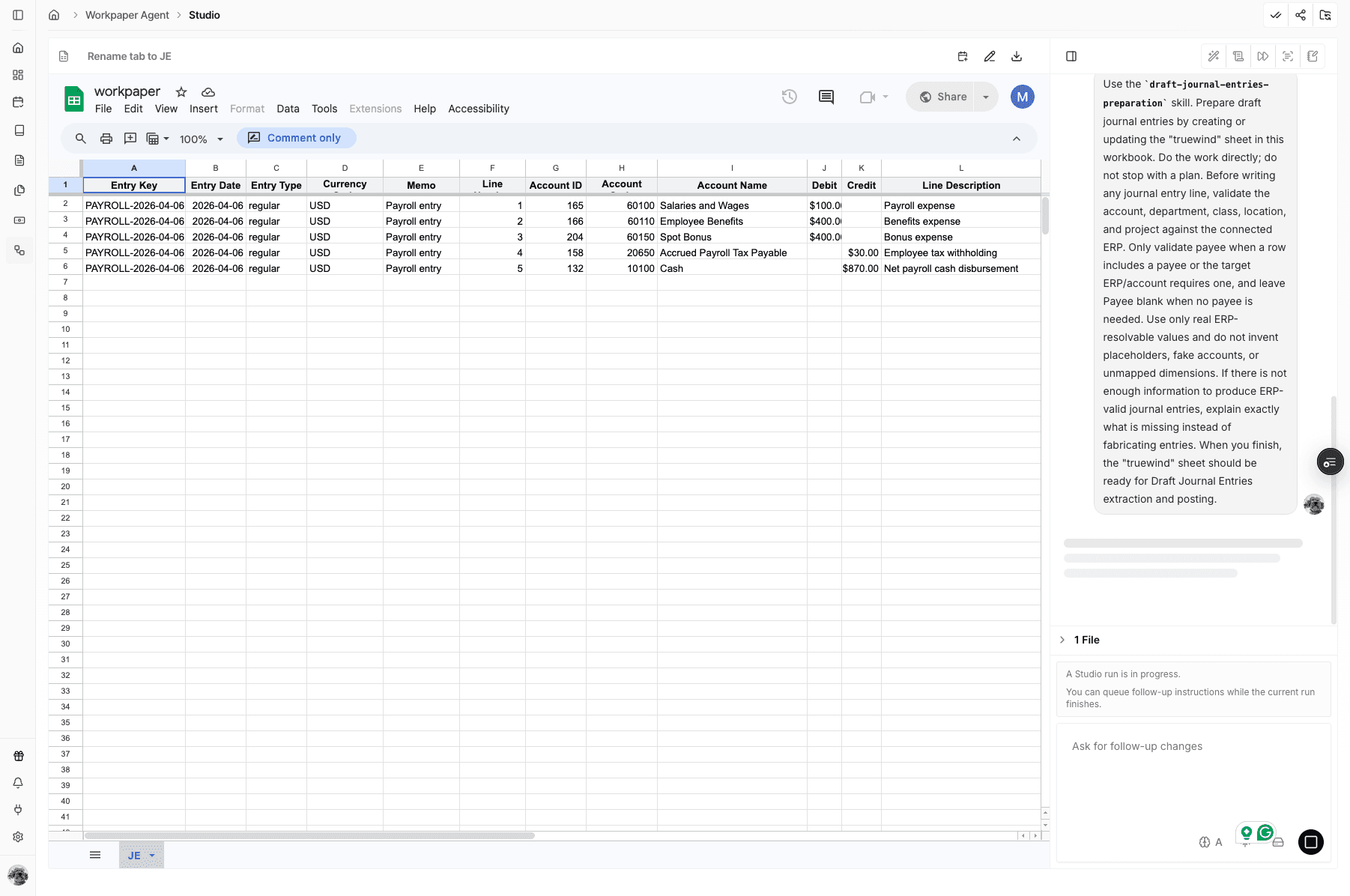 Screenshot showing the Draft Journal Entry button in Workpaper Agent
