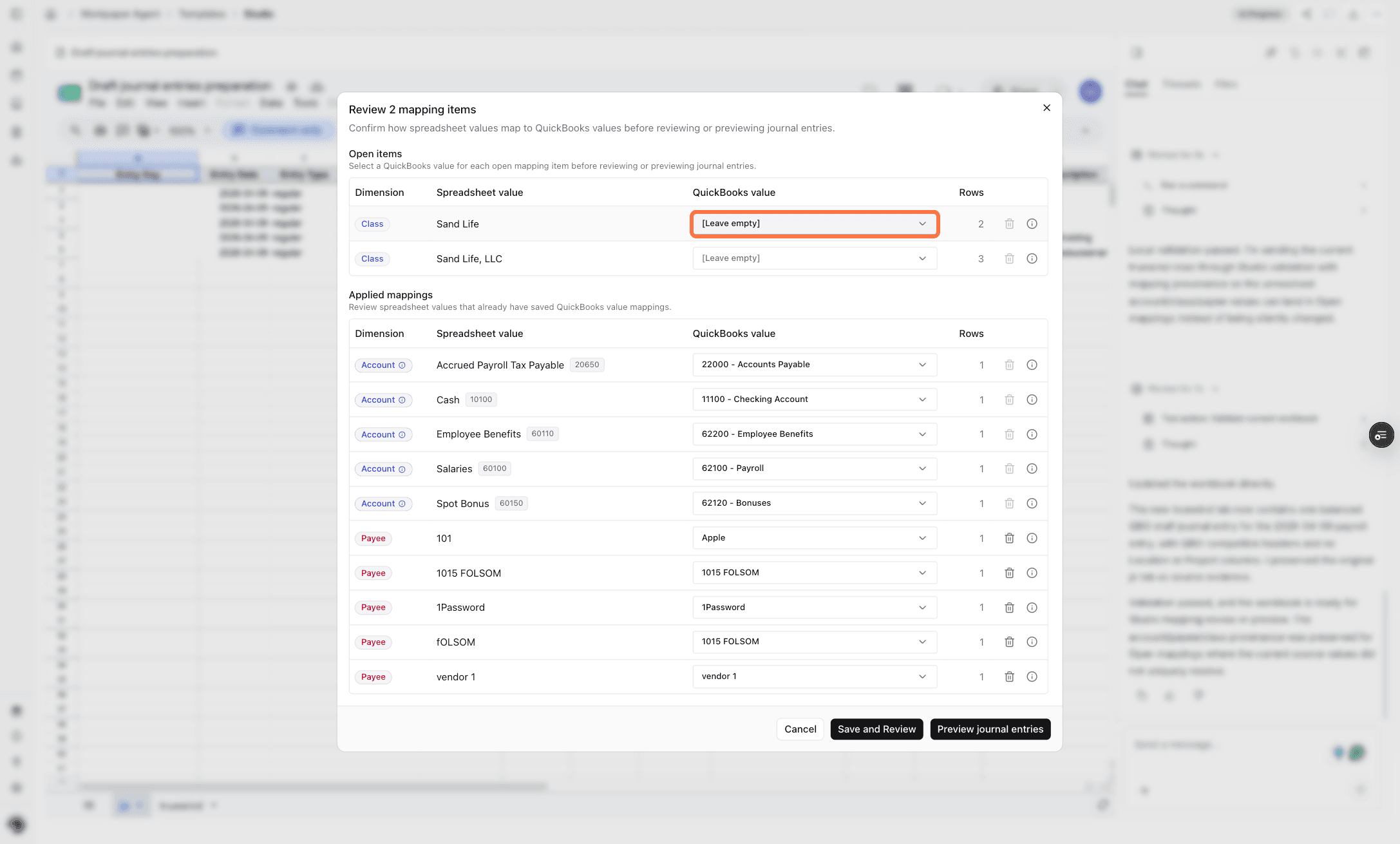 Screenshot showing the mapping review modal for journal entries