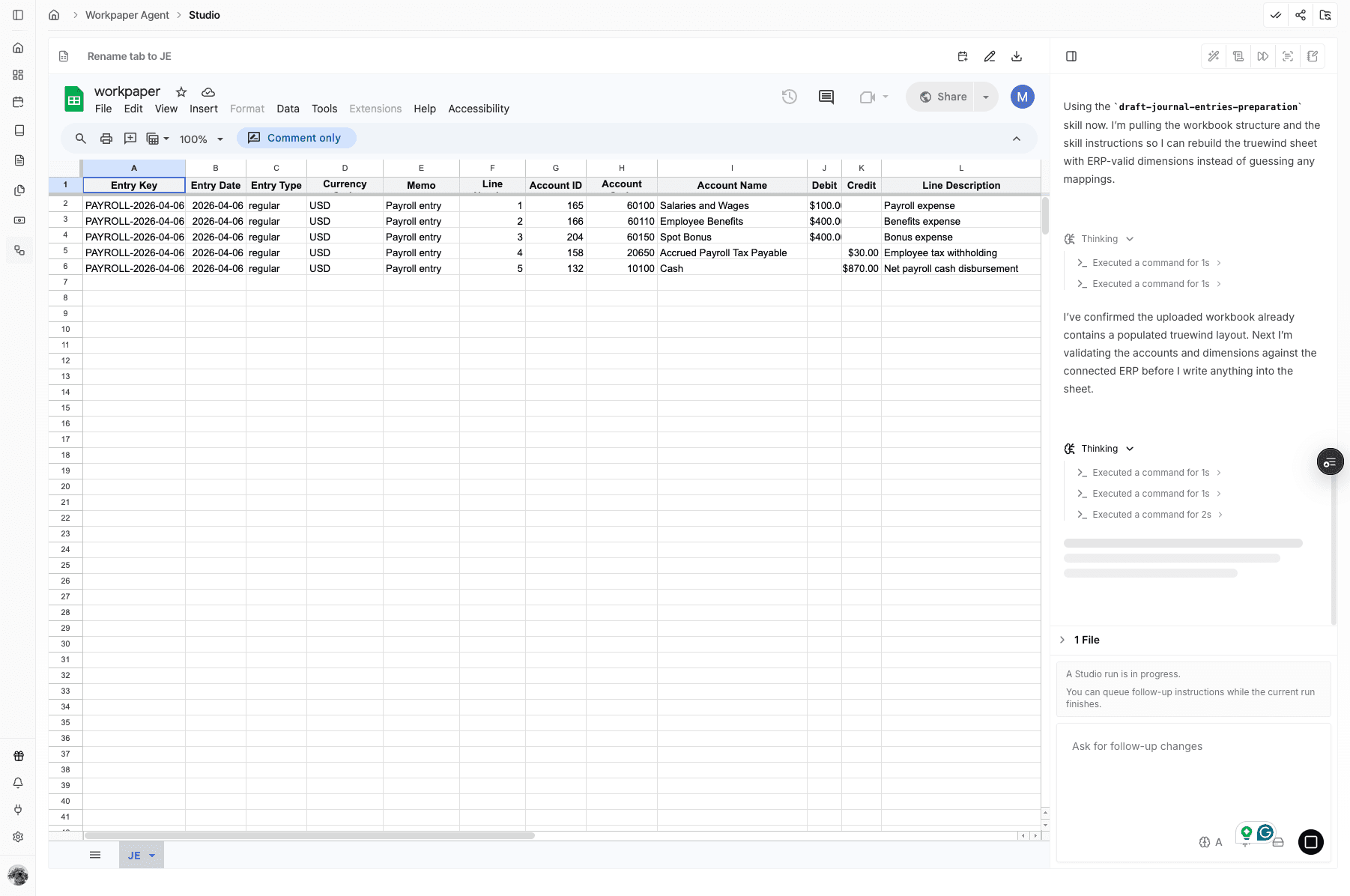 Screenshot showing the agent preparing the journal entry layout in the workbook