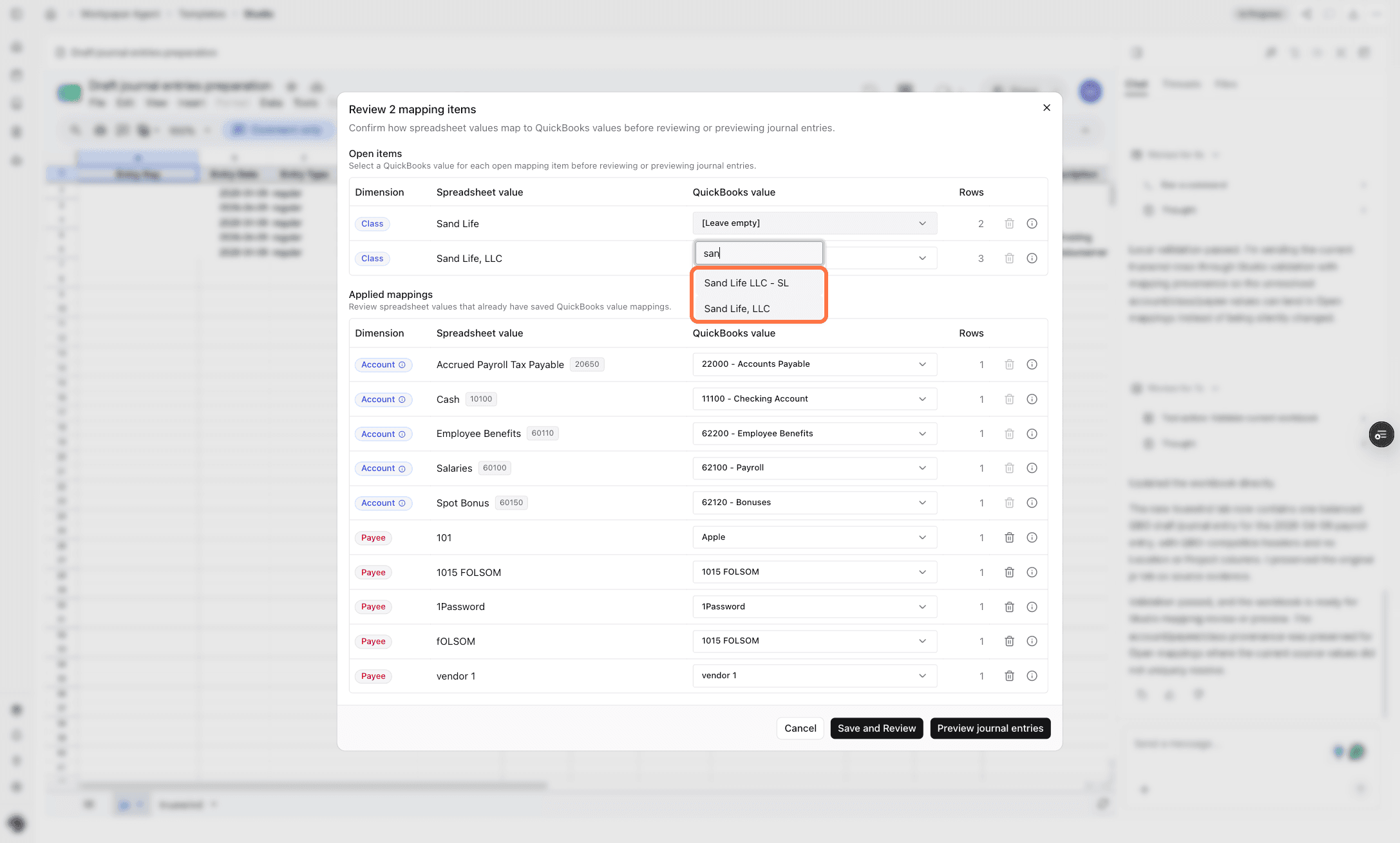 Screenshot showing an ERP value selected for a mapping item