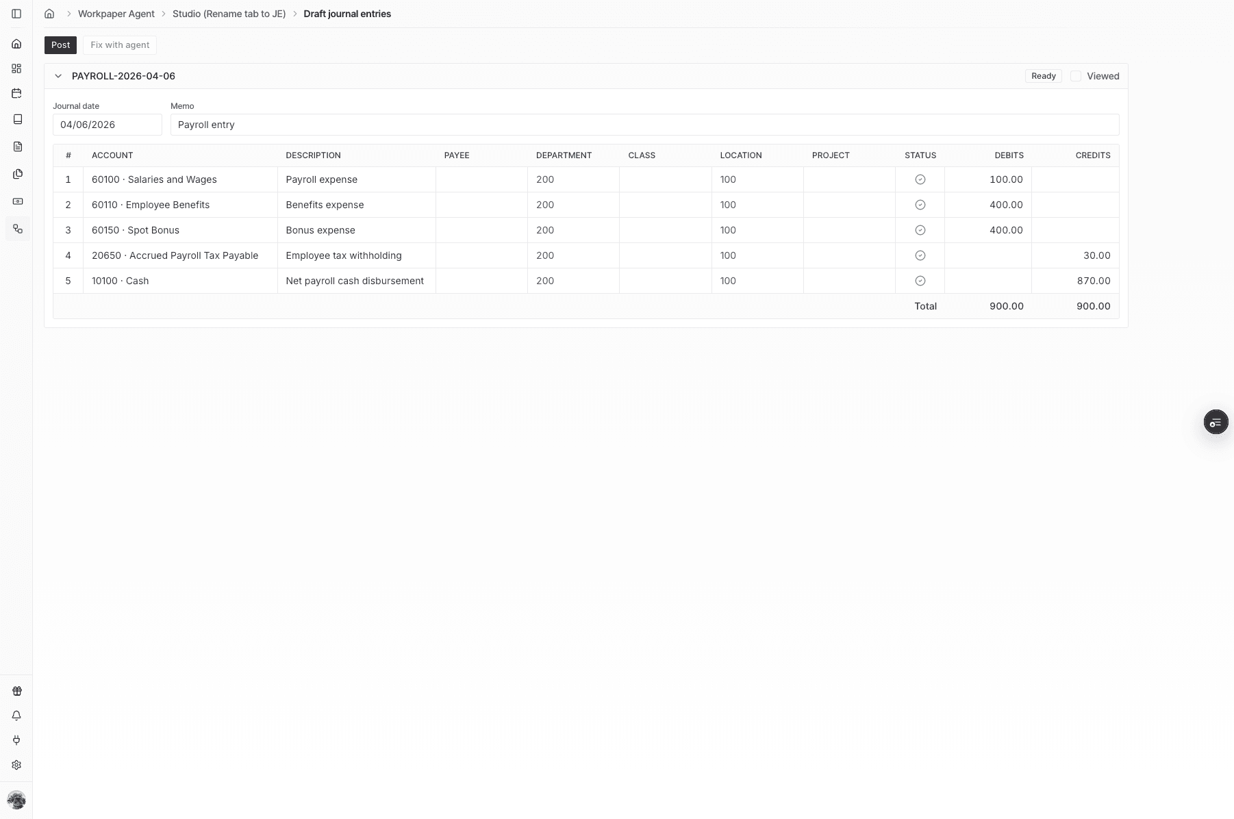 Screenshot showing the Draft Journal Entry preview page with a ready-to-post status