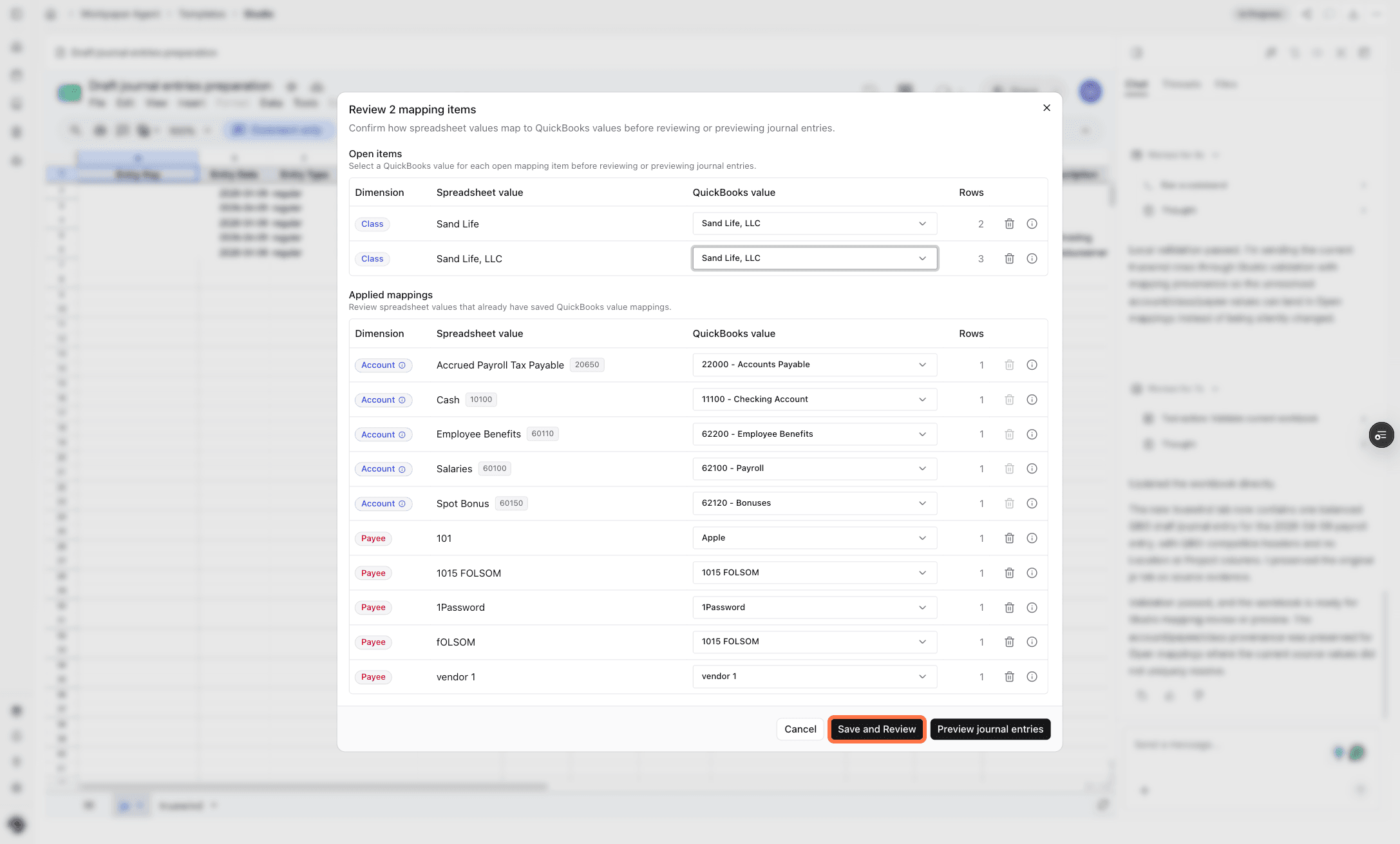 Screenshot showing Save and Review and Preview journal entries actions
