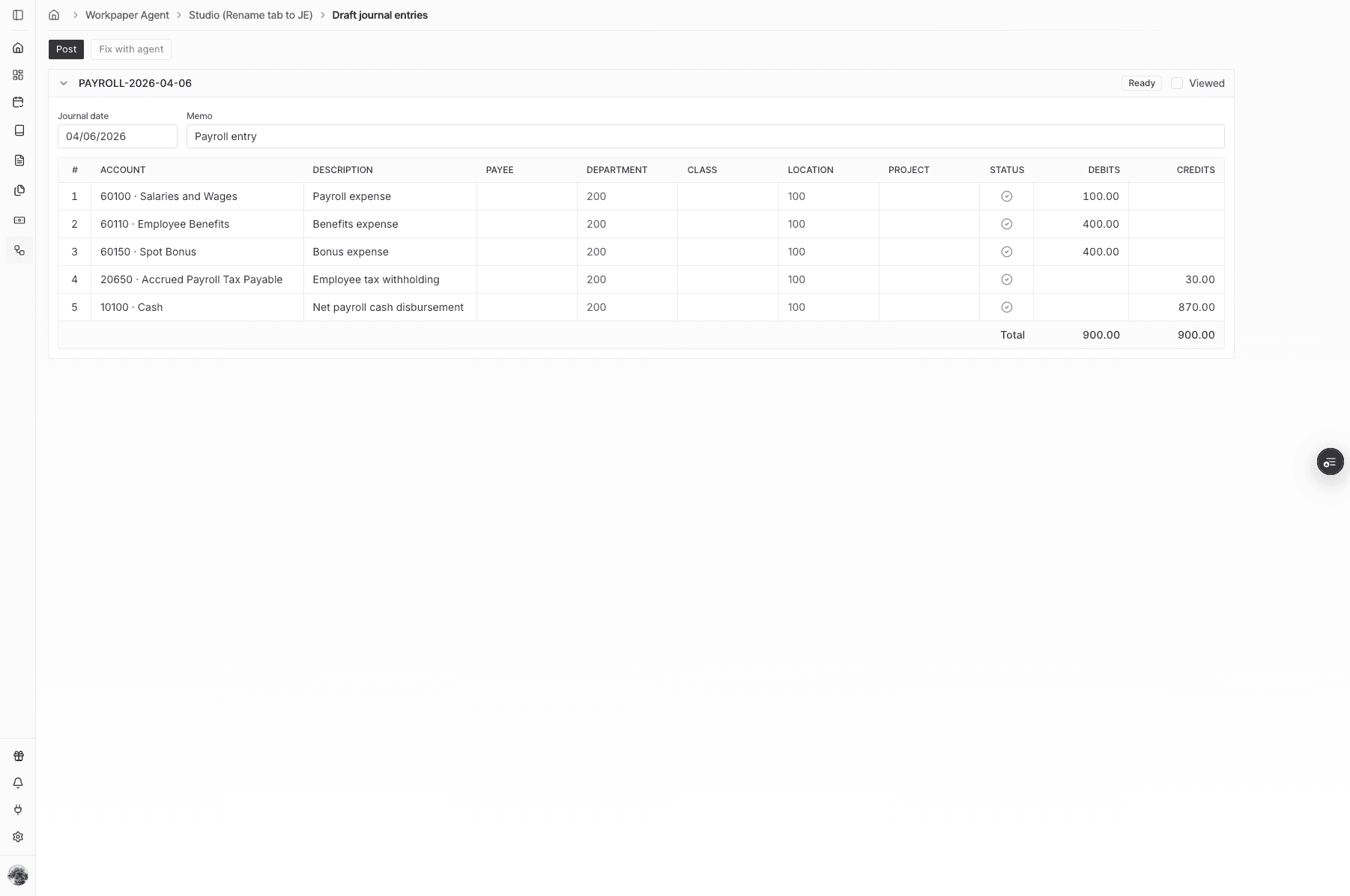 Screenshot showing the Post button on the draft journal entry preview