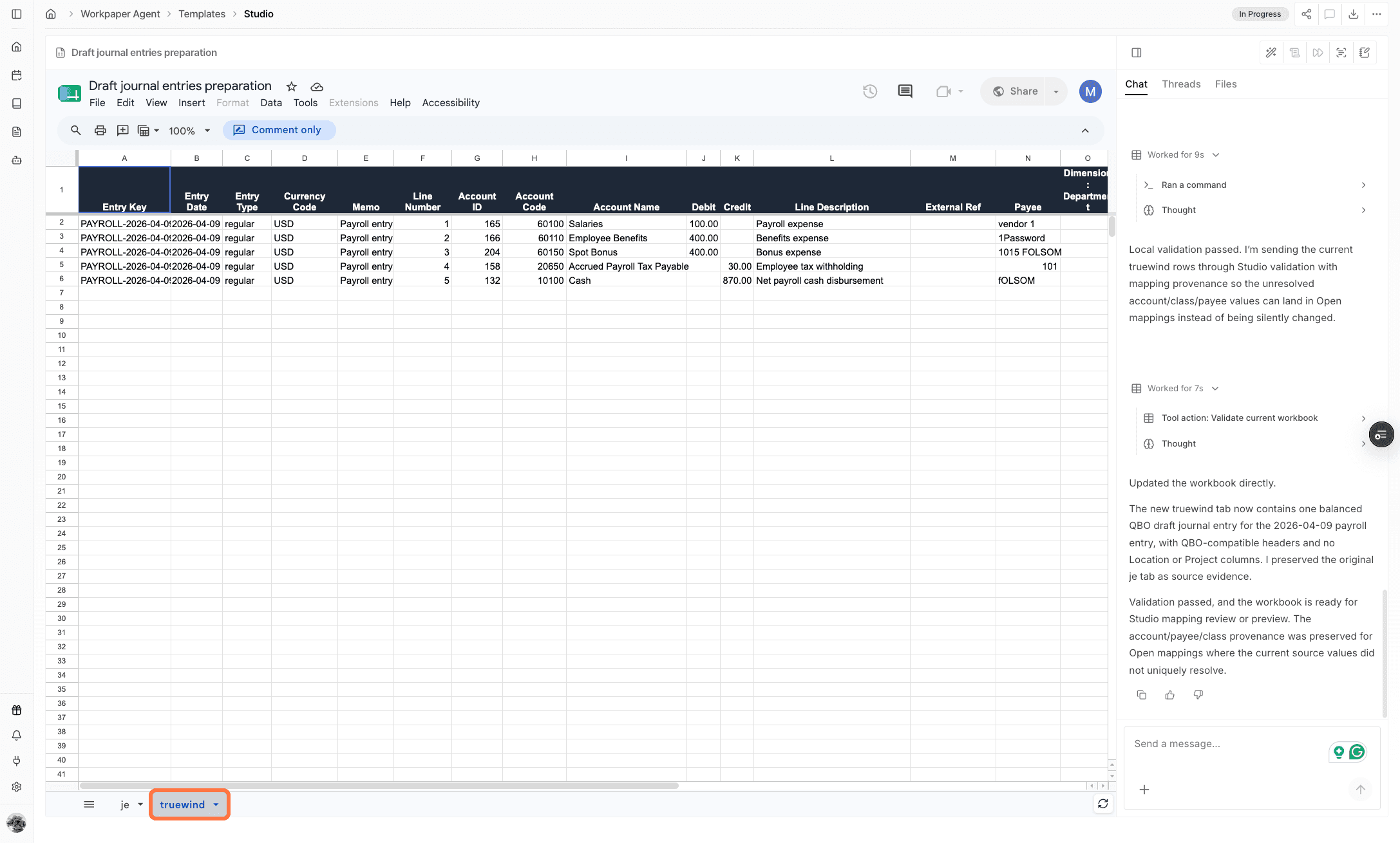 Screenshot showing mappings applied to the Truewind tab rows