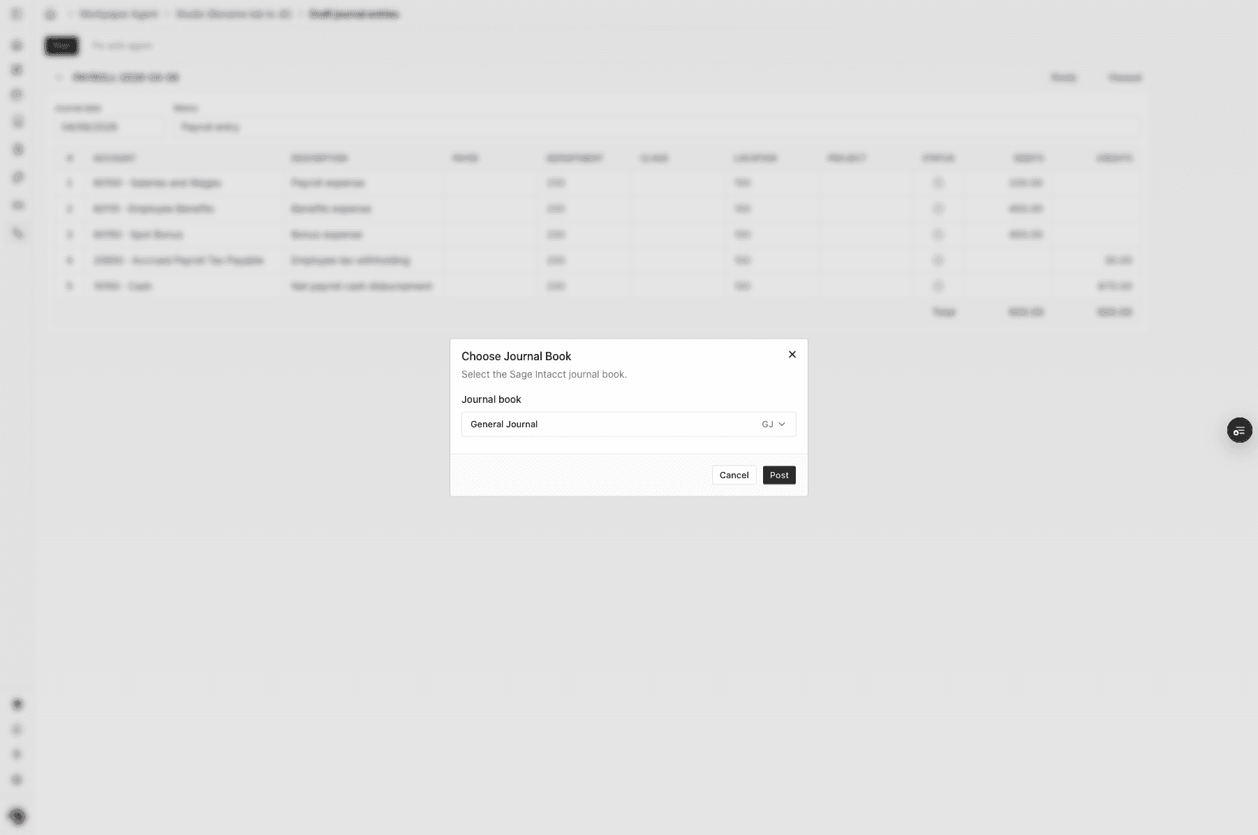Screenshot showing the journal book picker before posting to Sage