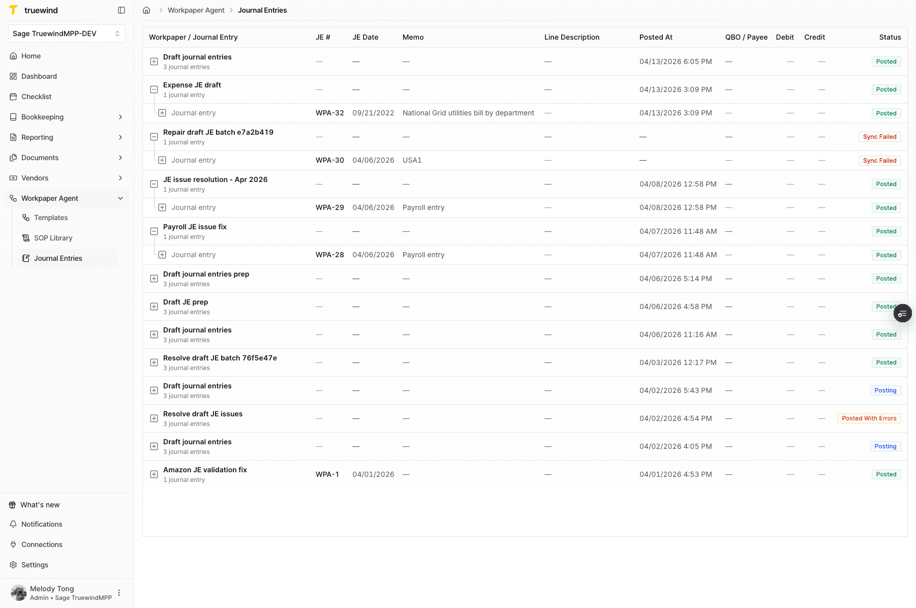 Screenshot showing the Journal Entries list with posted, posting, and failed states