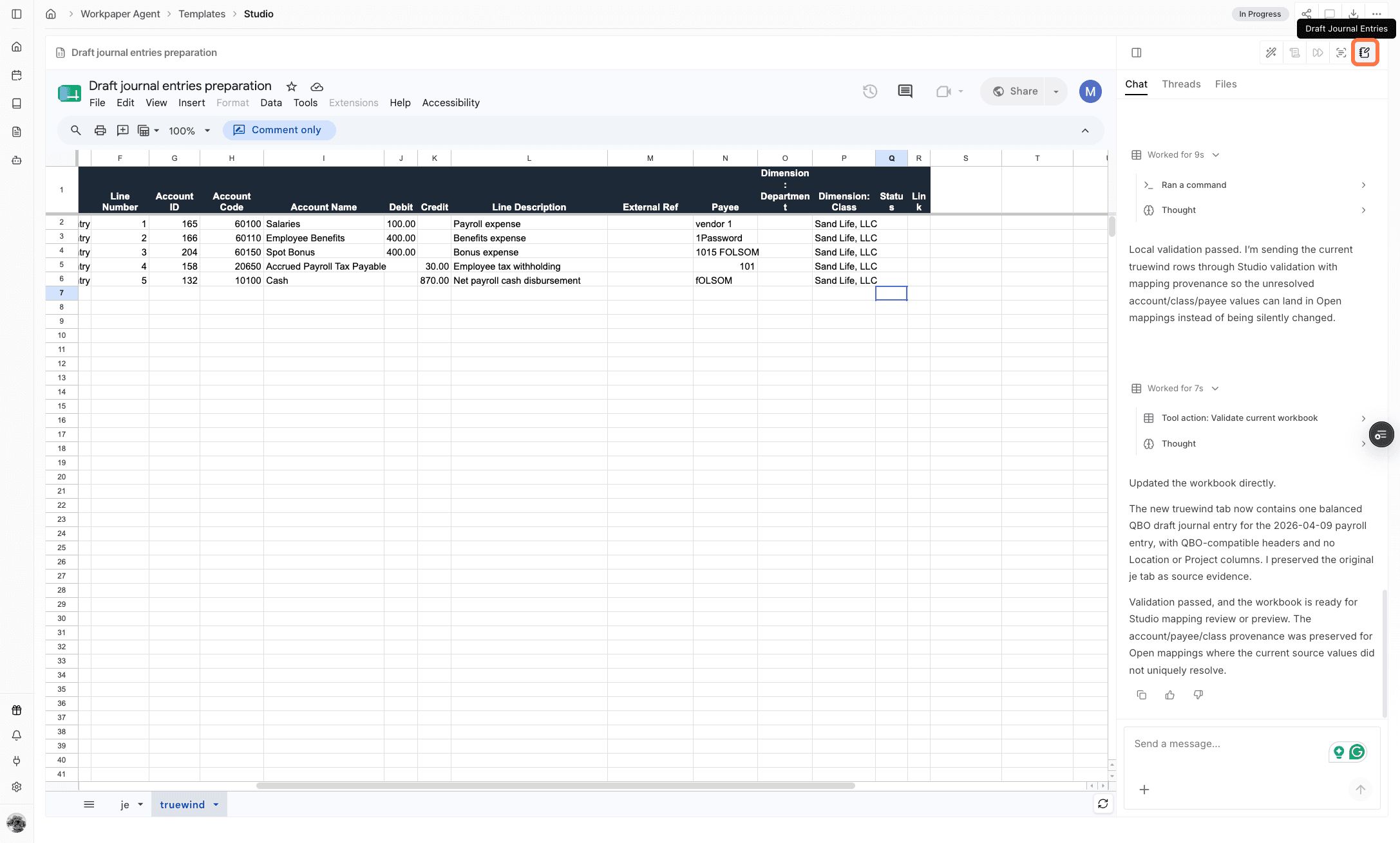 Screenshot showing Draft journal entries after reviewing workbook mappings