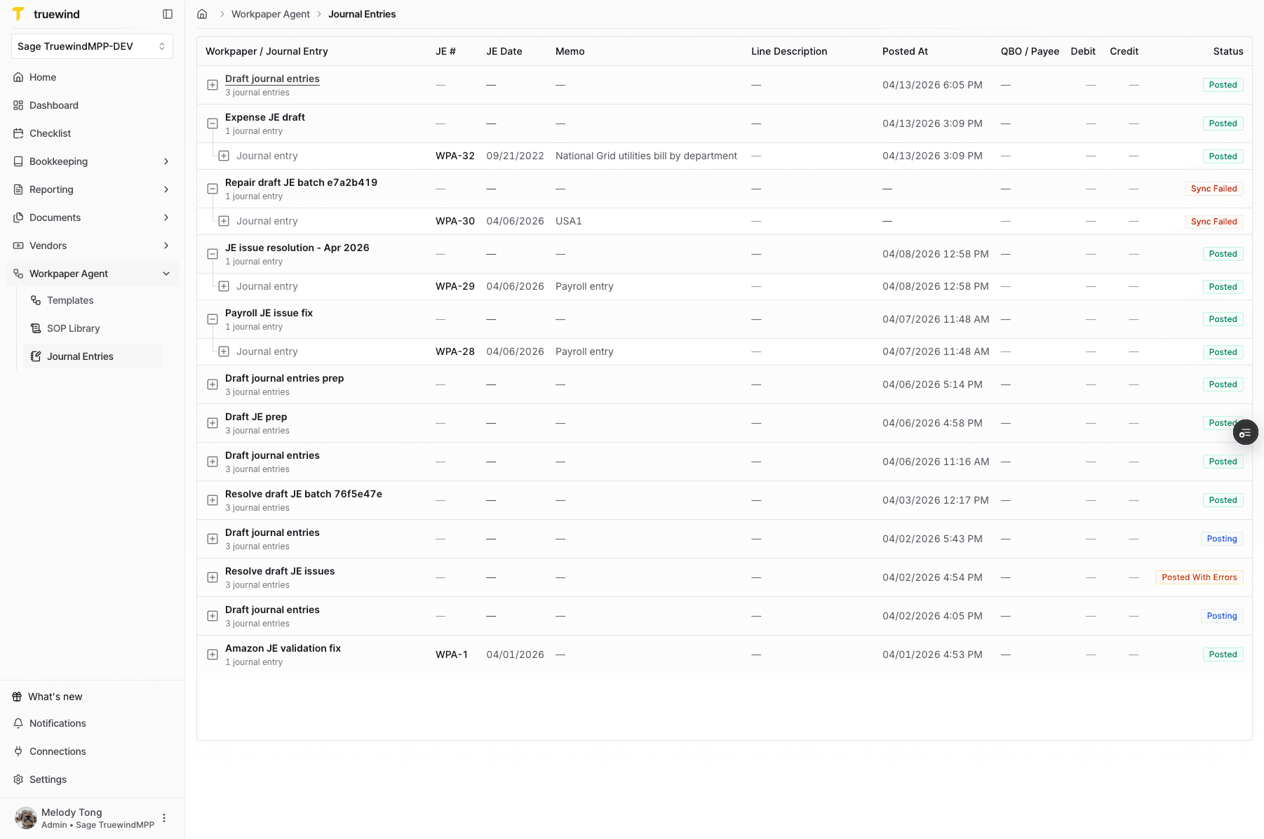 Screenshot showing Draft journal entries from the Journal Entries page