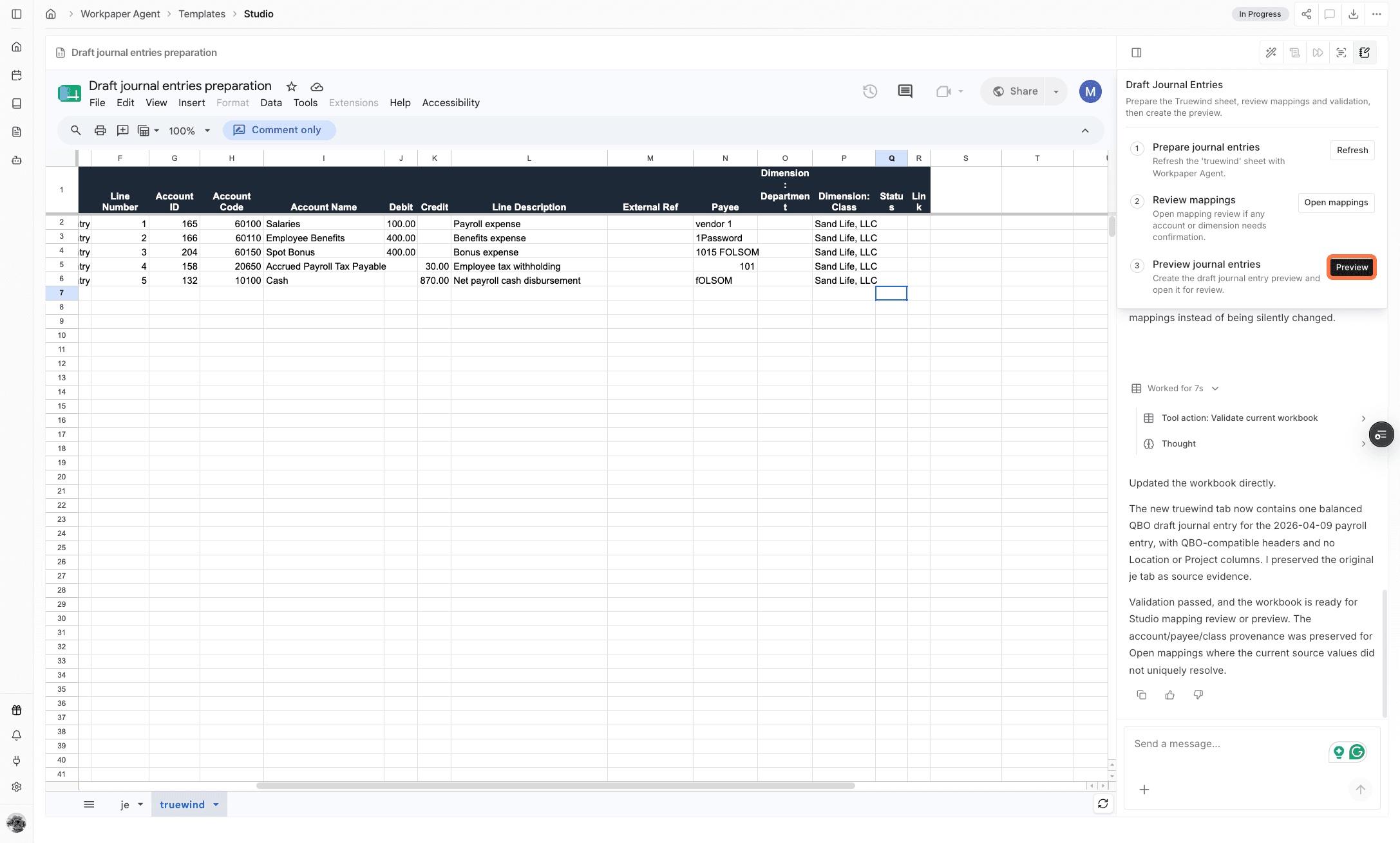 Screenshot showing the Preview action for drafted journal entries