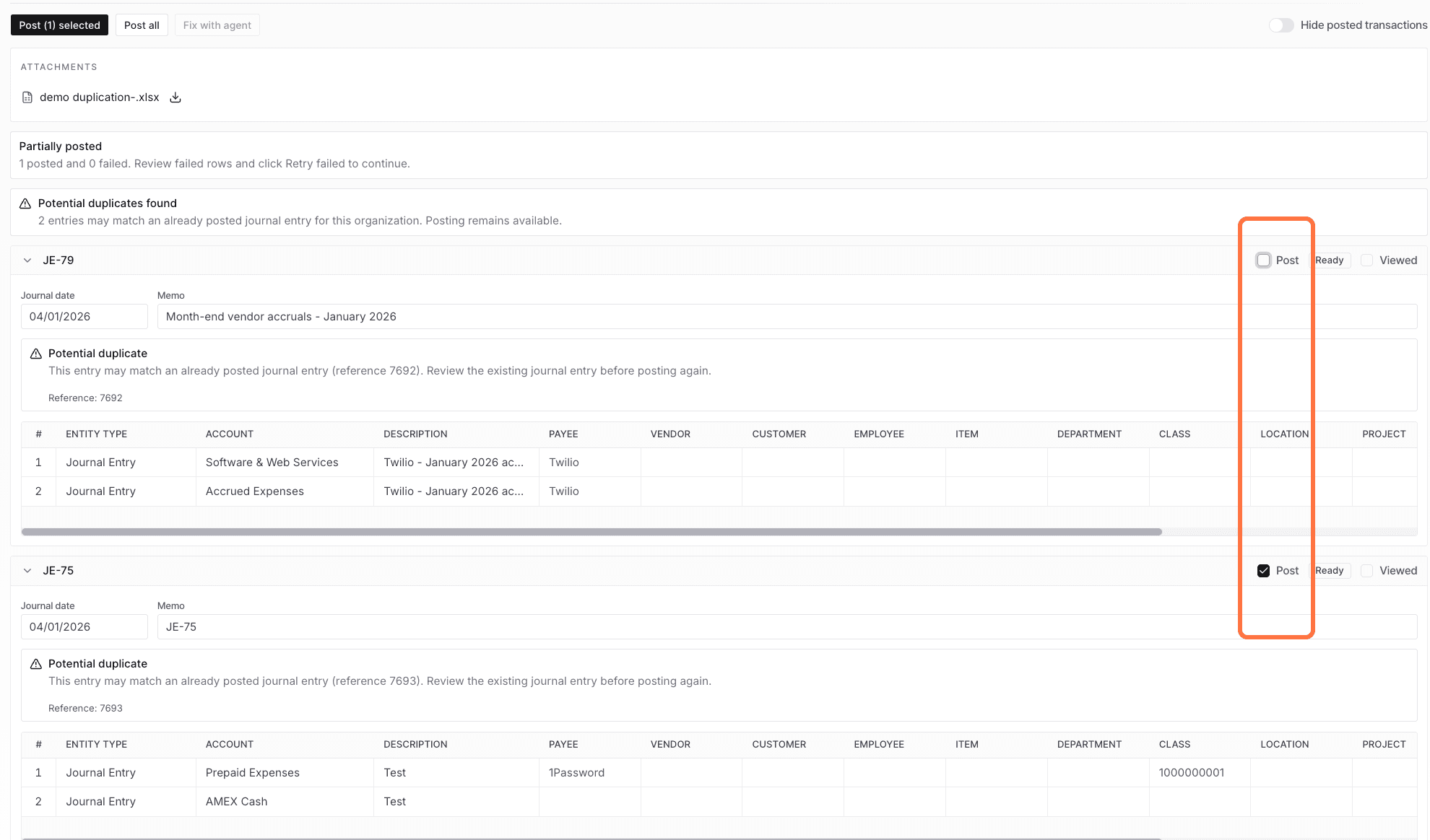 Screenshot showing selected journal entries on the preview page