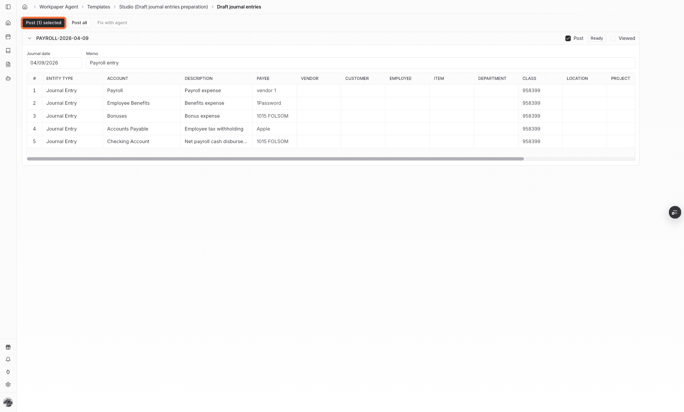 Screenshot showing the Post selected journal entries action