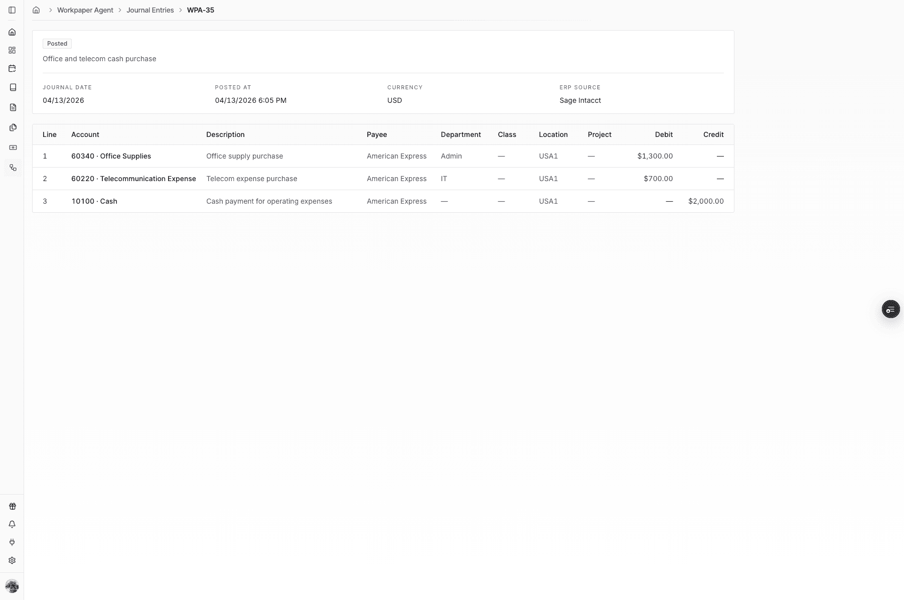 Screenshot showing the journal entry breakdown after posting to Sage