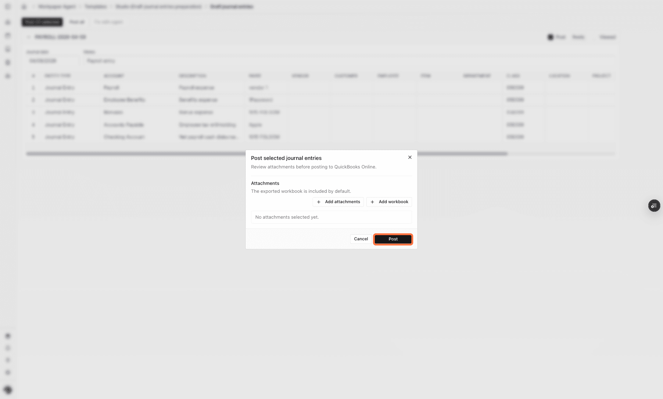 Screenshot showing the confirmation action for posting journal entries