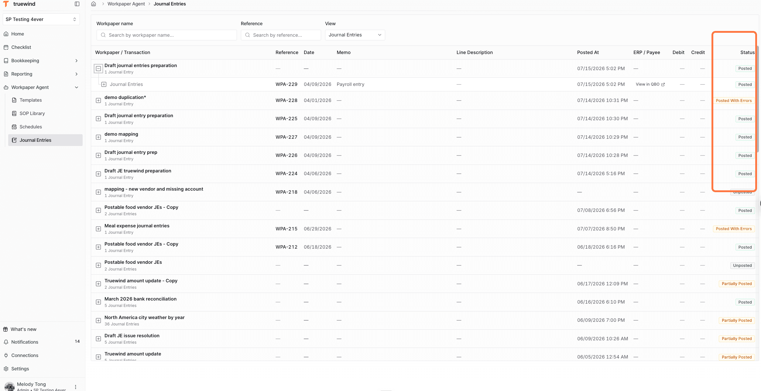 Screenshot showing the Journal Entries page with posting statuses