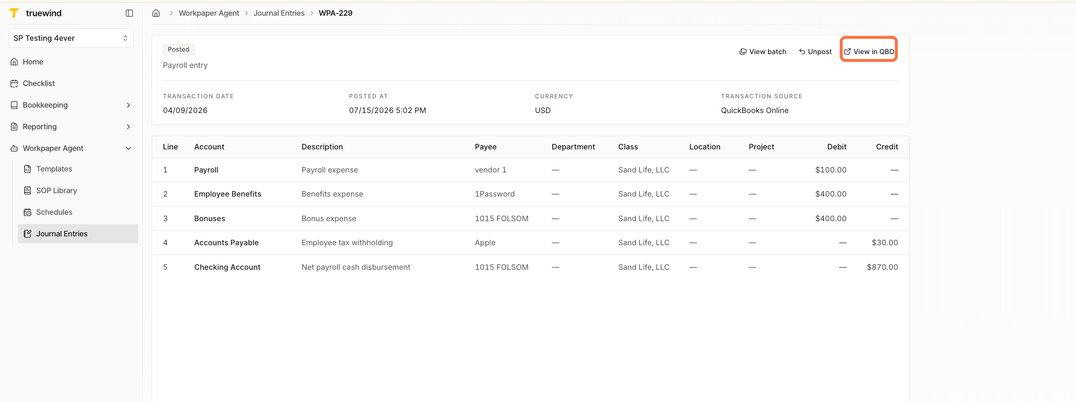 Screenshot showing journal entry details and the ERP link
