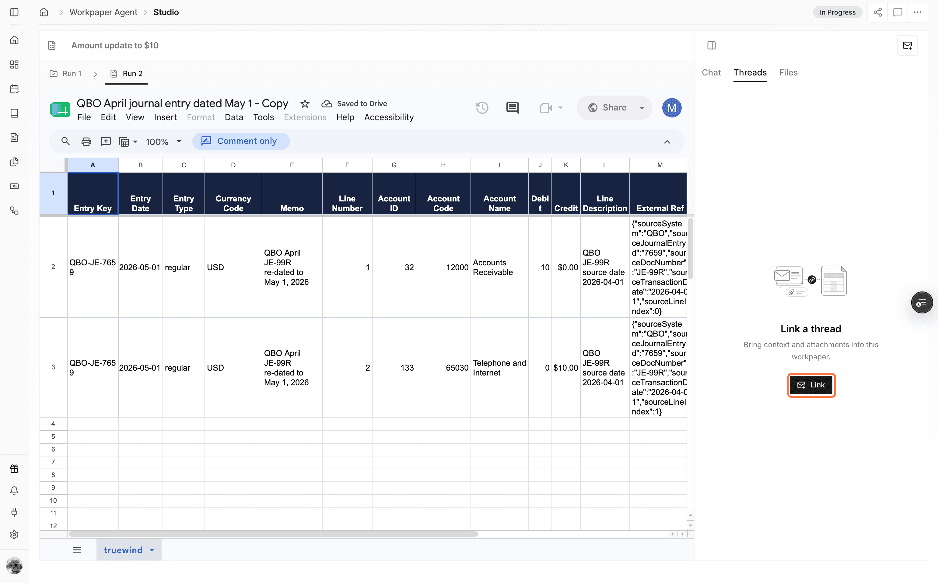 Screenshot showing the Threads Link control