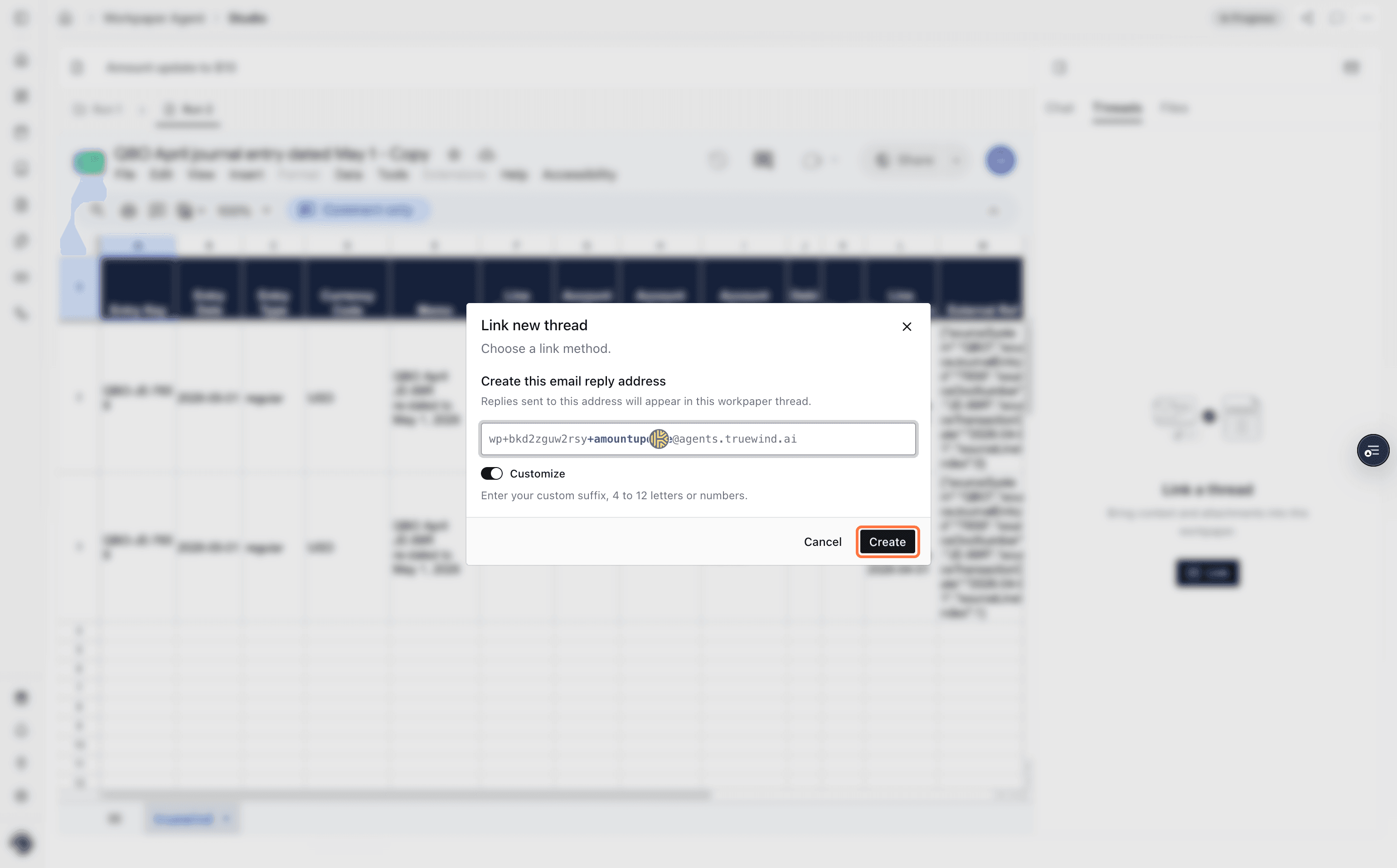 Screenshot showing the Create button for the email thread address