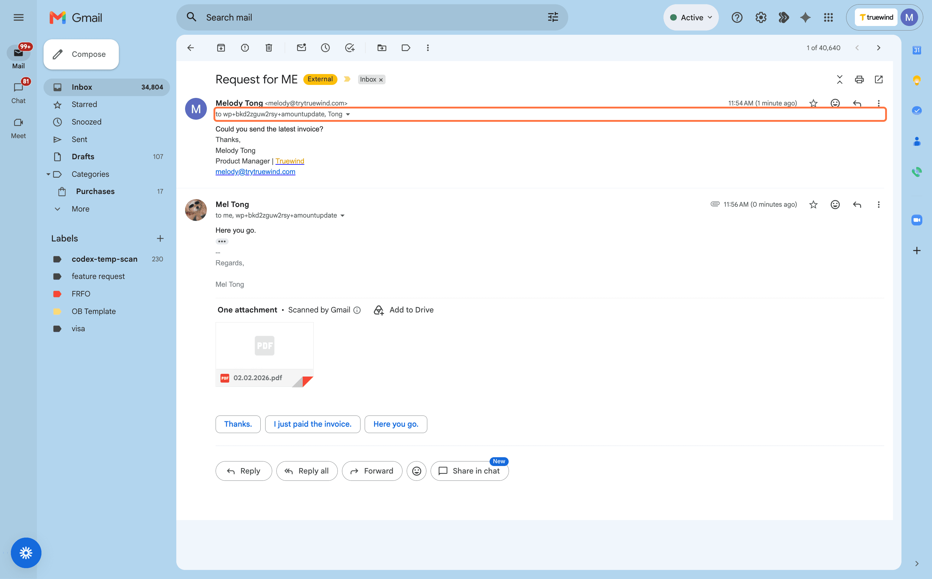 Screenshot showing an email conversation with the Workpaper Agent address included