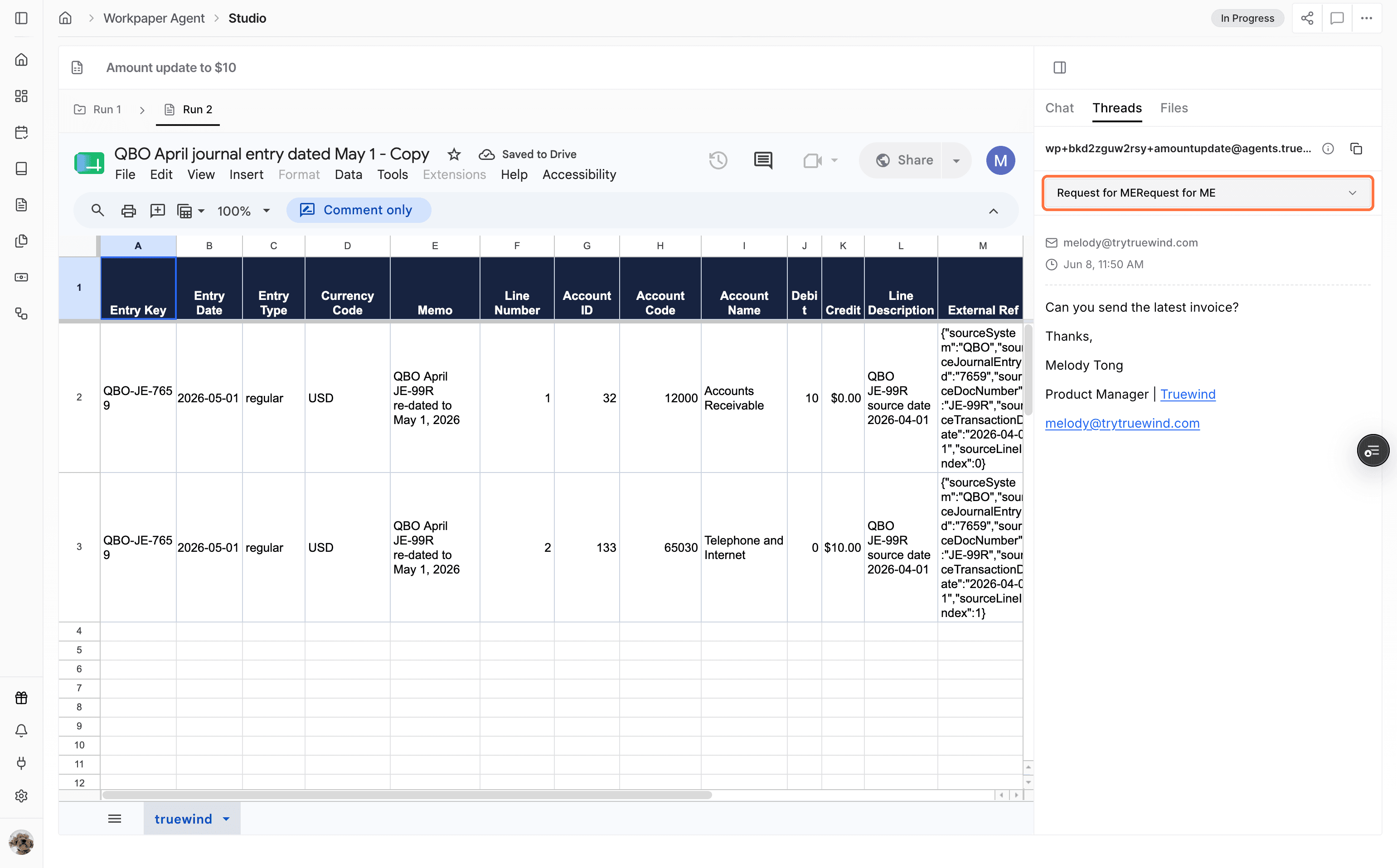 Screenshot showing email threads grouped by subject in Workpaper Agent