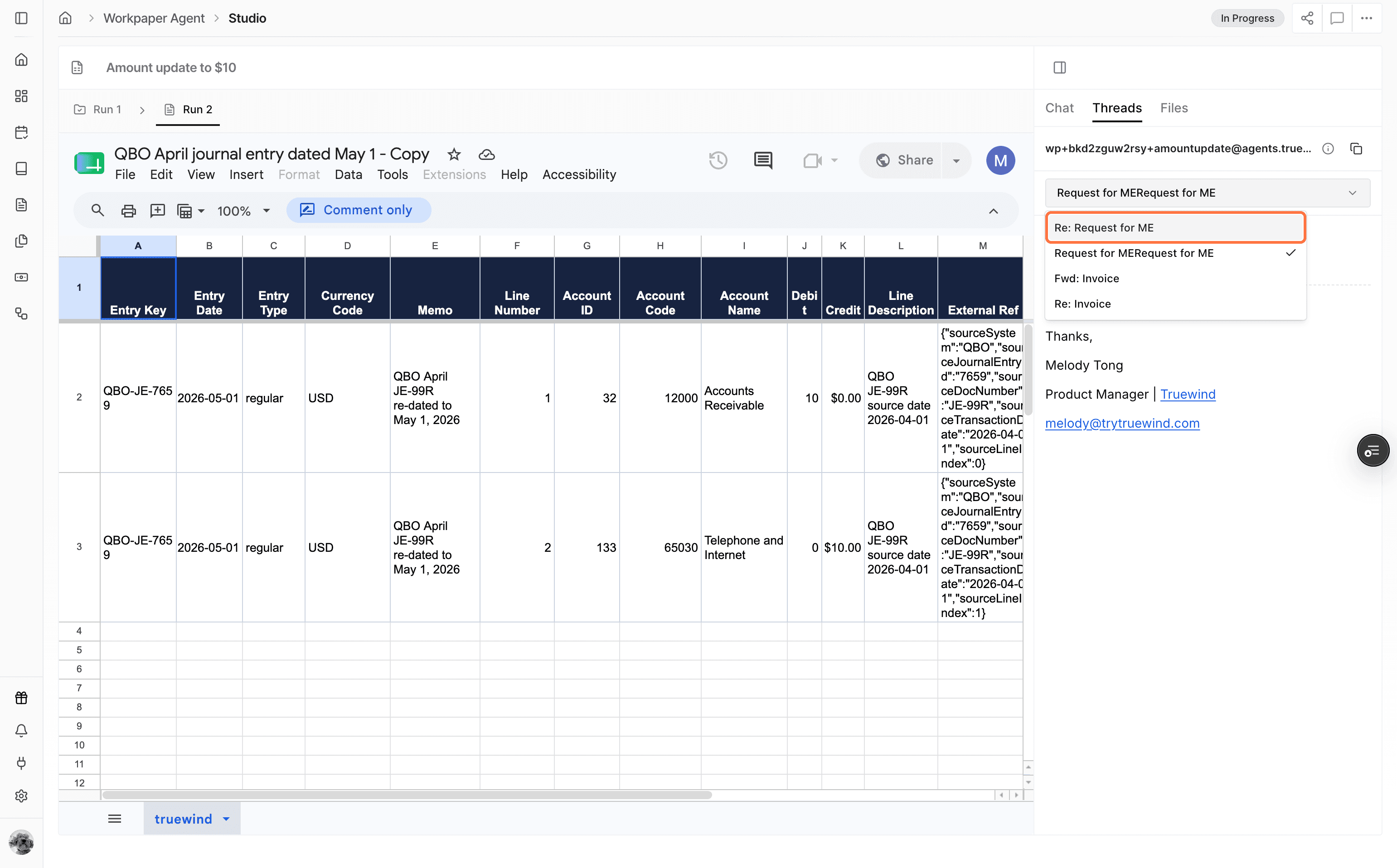Screenshot showing an email thread subject in Workpaper Agent