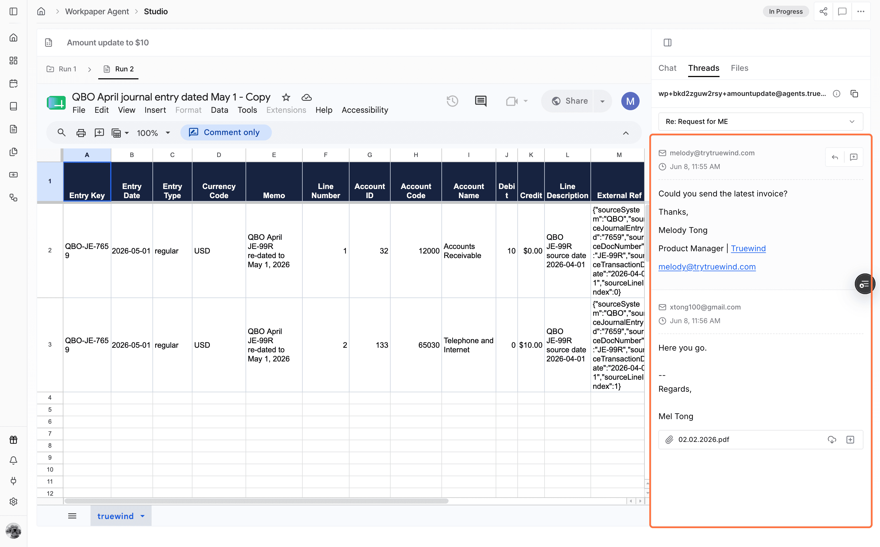 Screenshot showing an email thread synced to Workpaper Agent
