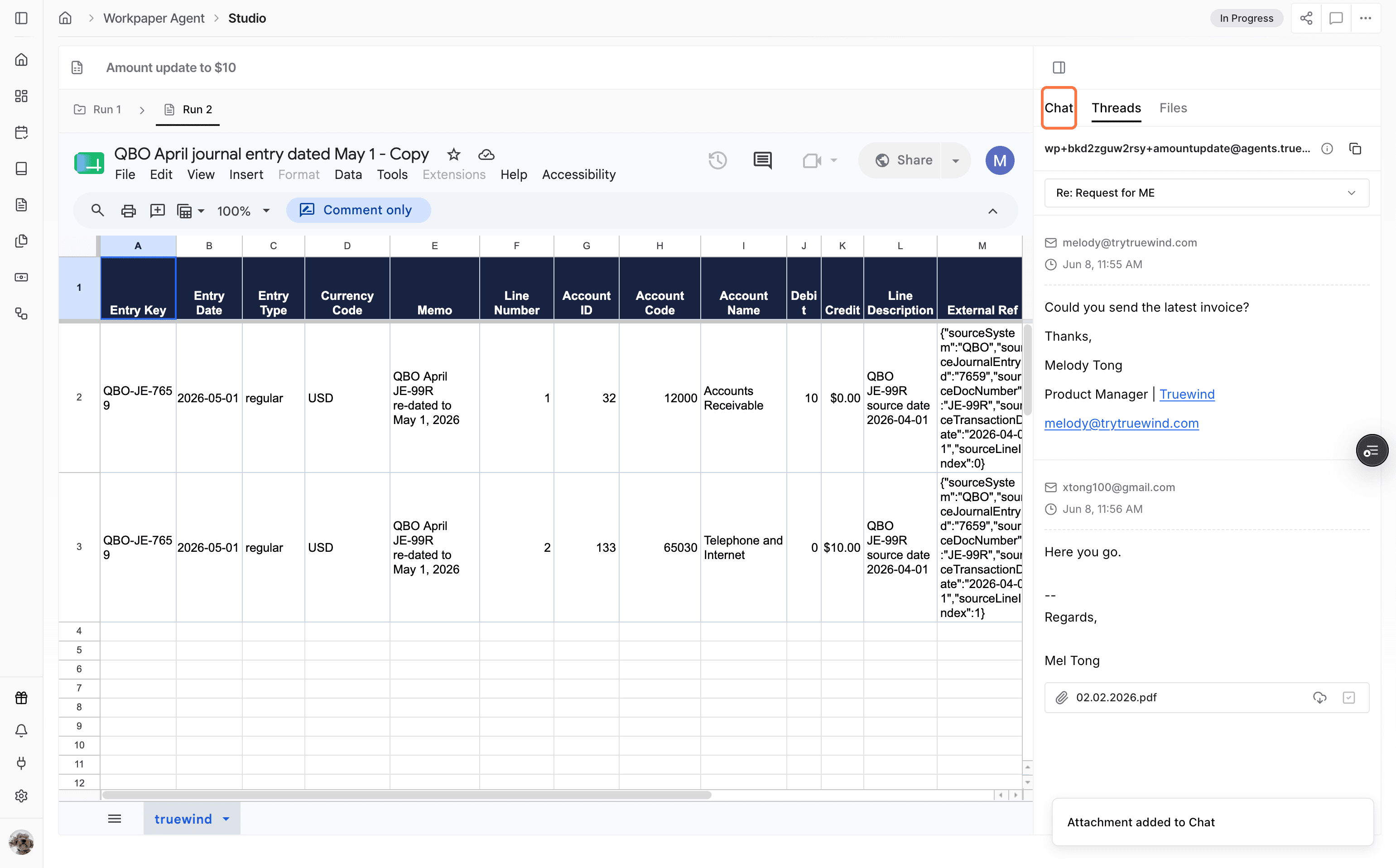 Screenshot showing the Chat tab in Workpaper Agent