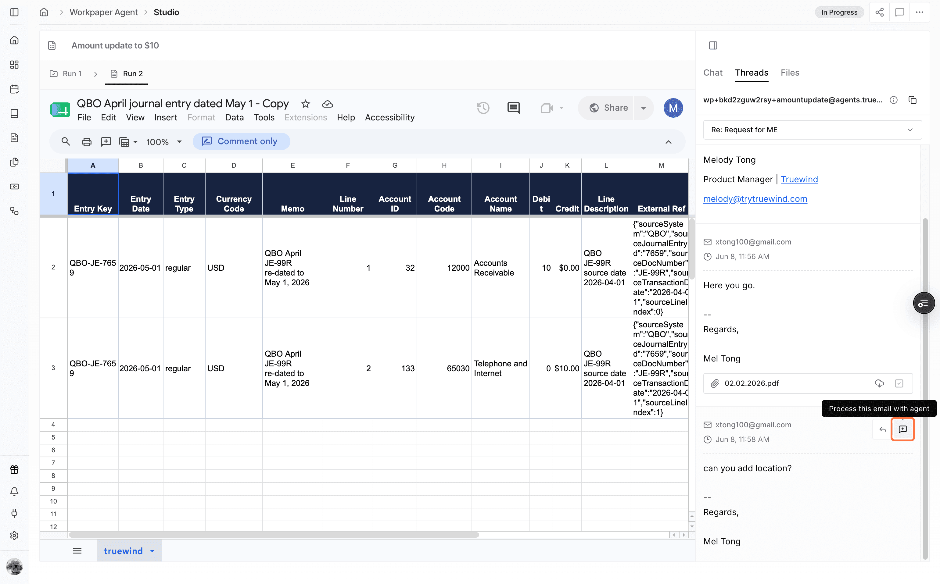 Screenshot showing the Process this email with agent action