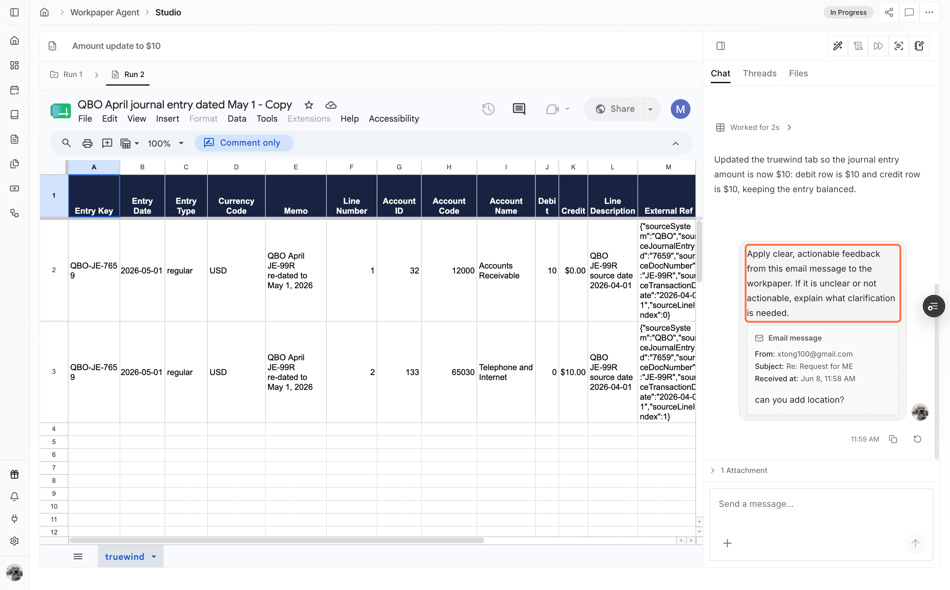 Screenshot showing an email message reference sent to Workpaper Agent Chat