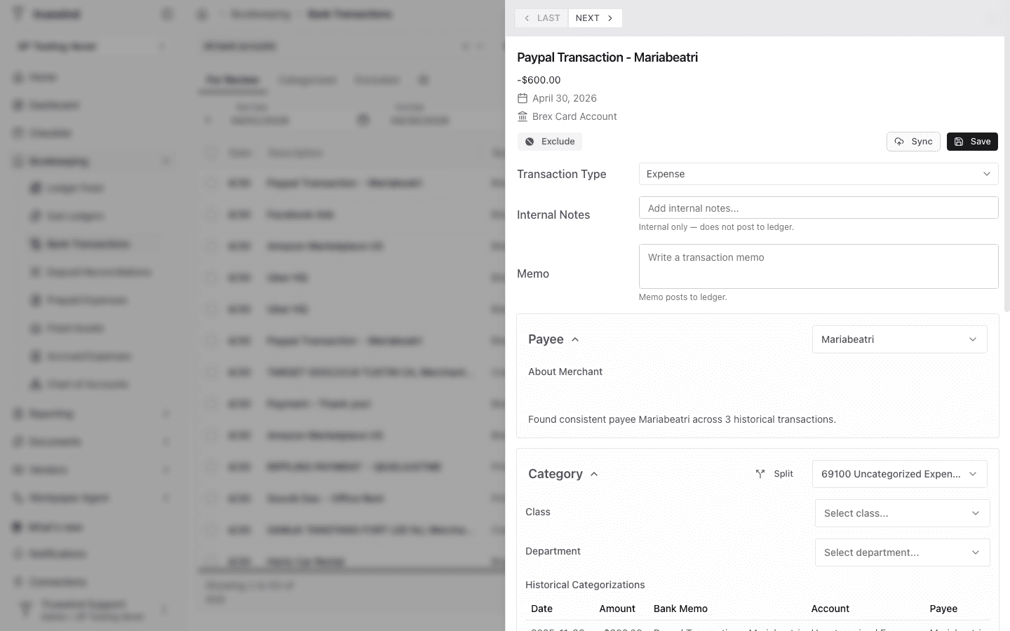 Transaction side panel open with the Exclude action visible above the transaction type field.