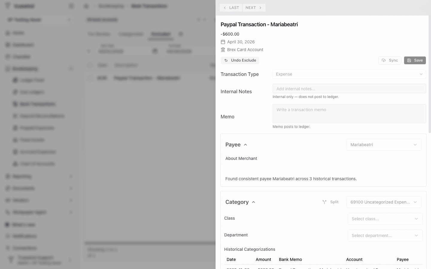 Excluded transaction side panel showing Undo Exclude and disabled transaction fields.
