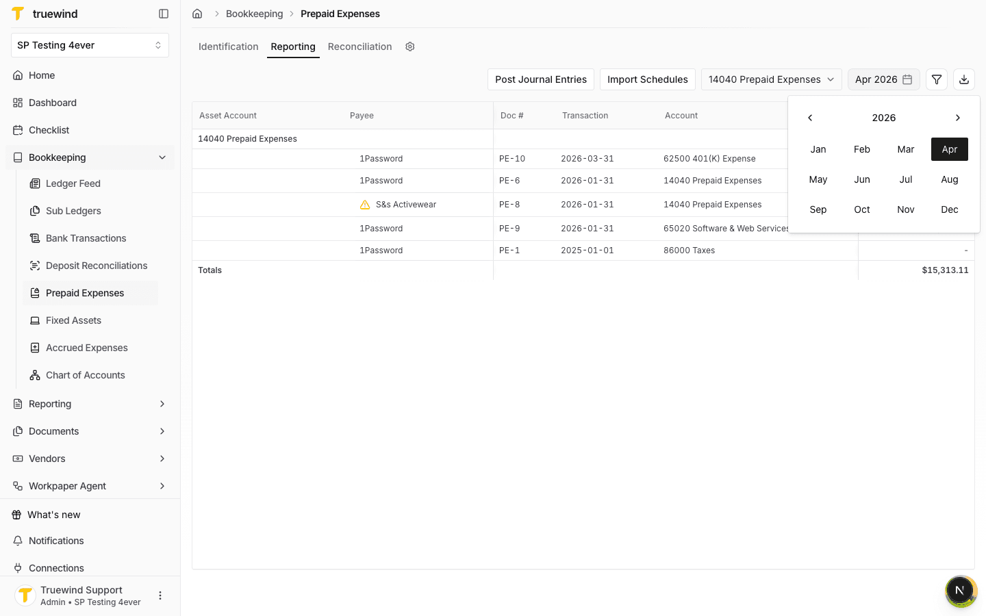 Term date picker open from the Prepaid Expenses Reporting tab